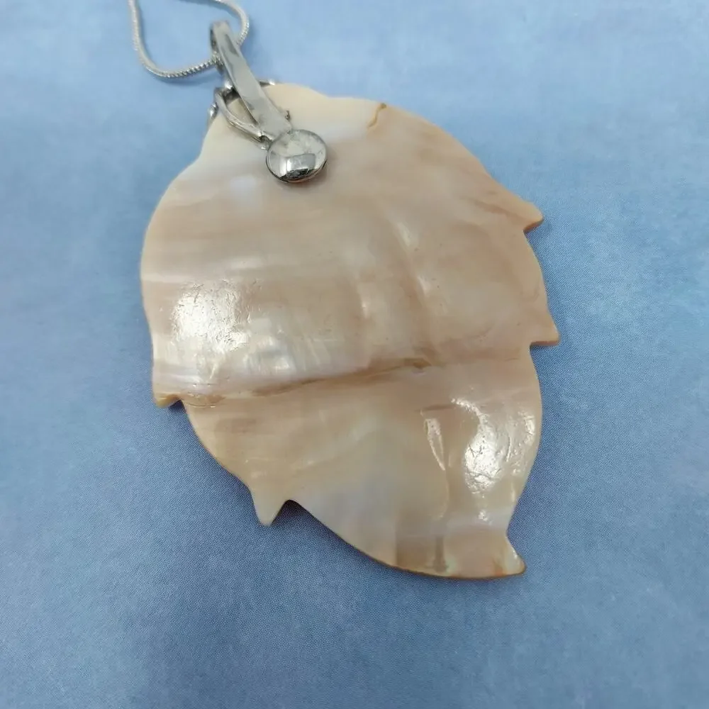 Blister Pearls Etched Mother of Pearl Pendant Silver Tone Decorative Bail Chain